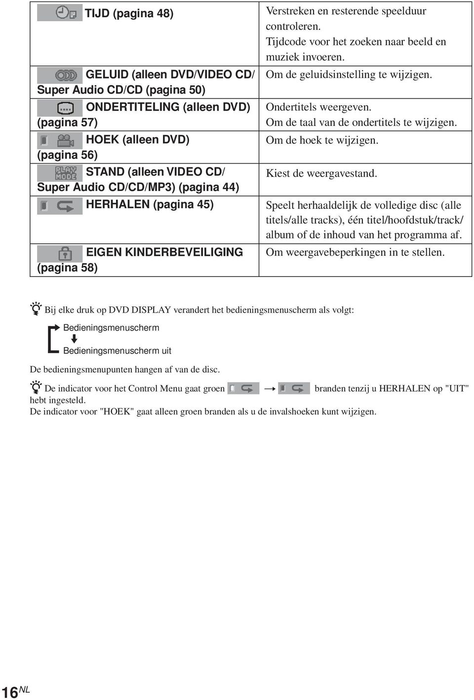 Om de geluidsinstelling te wijzigen. Ondertitels weergeven. Om de taal van de ondertitels te wijzigen. Om de hoek te wijzigen. Kiest de weergavestand.