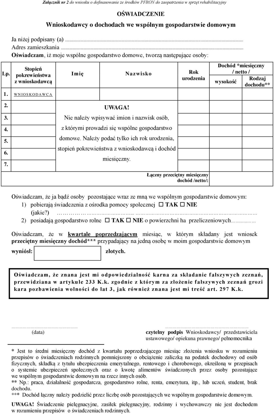 Stopień pokrewieństwa z wnioskodawcą Imię Nazwisko Rok urodzenia Dochód *miesięczny / netto / Rodzaj wysokość dochodu** 1. W N I O S K O D A W C A 2. UWAGA! 3. 4. 5. 6. 7.