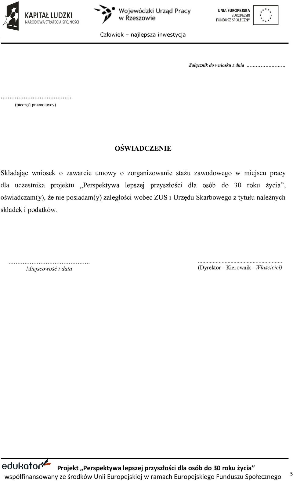 zawodowego w miejscu pracy dla uczestnika projektu Perspektywa lepszej przyszłości dla osób do 30 roku