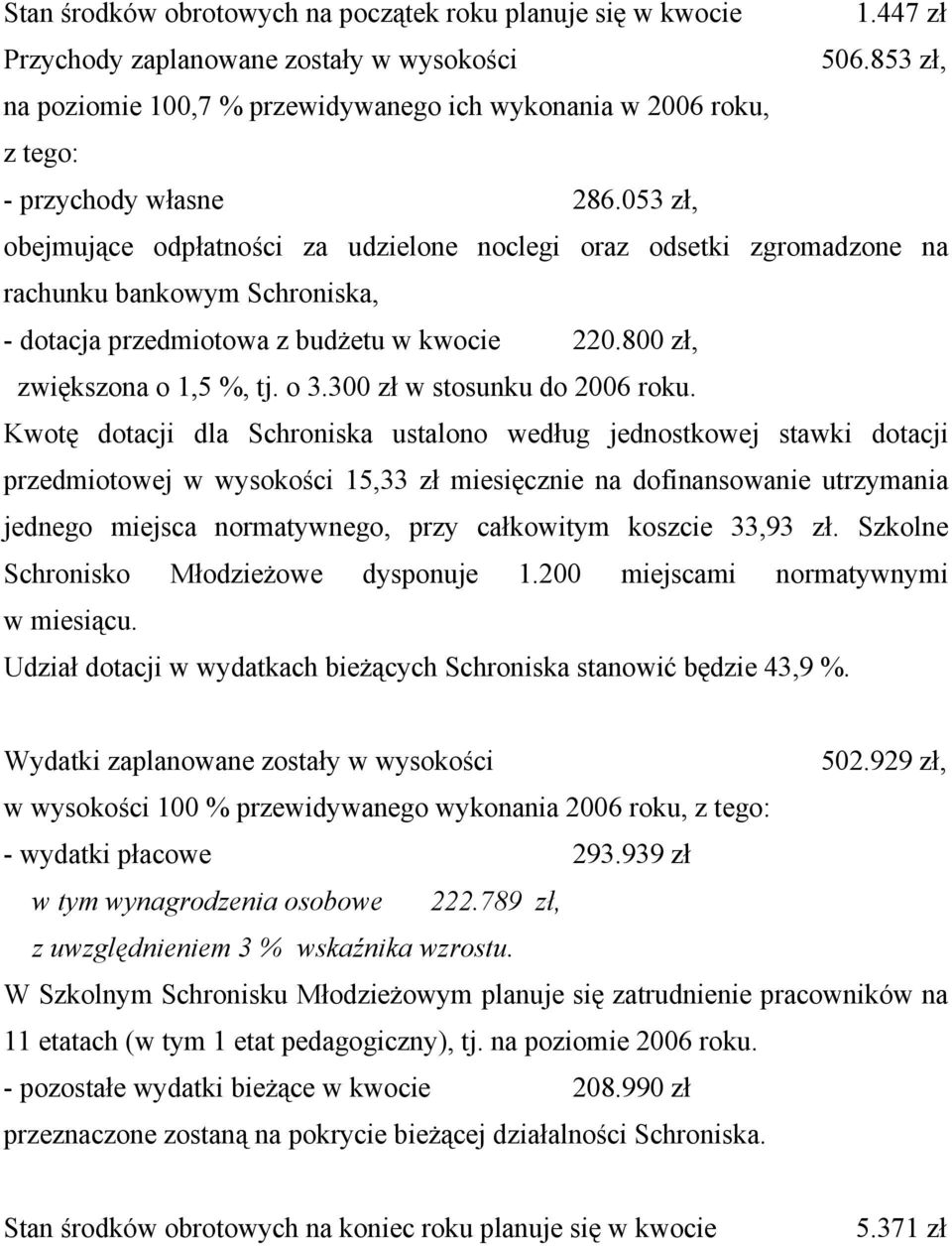 053 zł, obejmujące odpłatności za udzielone noclegi oraz odsetki zgromadzone na rachunku bankowym Schroniska, - dotacja przedmiotowa z budżetu w kwocie 220.800 zł, zwiększona o 1,5 %, tj. o 3.