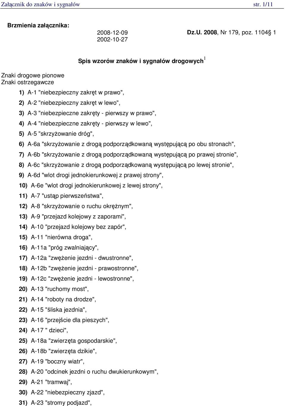 zakręty - pierwszy w prawo", 4) A-4 "niebezpieczne zakręty - pierwszy w lewo", 5) A-5 "skrzyŝowanie dróg", 6) A-6a "skrzyŝowanie z drogą podporządkowaną występującą po obu stronach", 7) A-6b
