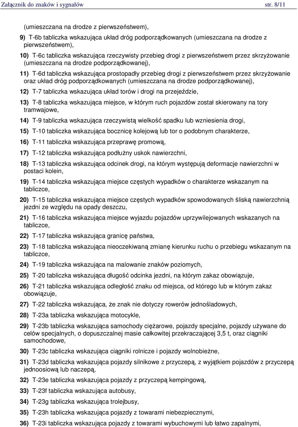 drogi z pierwszeństwem przez skrzyŝowanie (umieszczana na drodze podporządkowanej), 11) T-6d tabliczka wskazująca prostopadły przebieg drogi z pierwszeństwem przez skrzyŝowanie oraz układ dróg