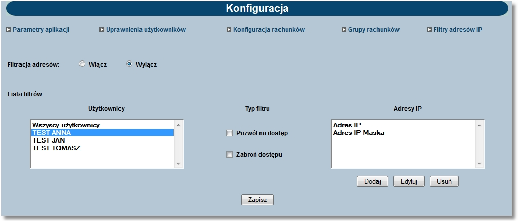 Rozdział 15 Konf iguracja 15.3. Filtry adresów IP Funkcjonalność filtrowania adresów IP uzależniona jest od wartości usługi FILTROWANIE_IP.