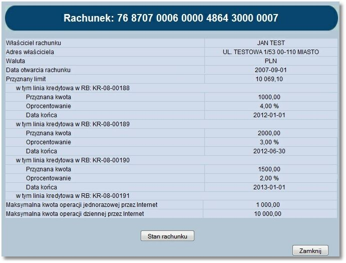 Rozdział 6 Rachunki Informacje dotyczące linii kredytowej zaczynające się od słów w tym linia kredytowa w RB: będą miały charakter sekcji wielokrotnej jeśli klient posiadać będzie więcej niż jedną