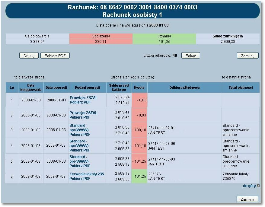 Rozdział 6 Rachunki Użytkownik ma dostęp do następujących informacji: Data dnia, z którego utworzony był wyciąg Saldo otwarcia - saldo rachunku z ostatniego dnia księgowego poprzedzającego wykonanie