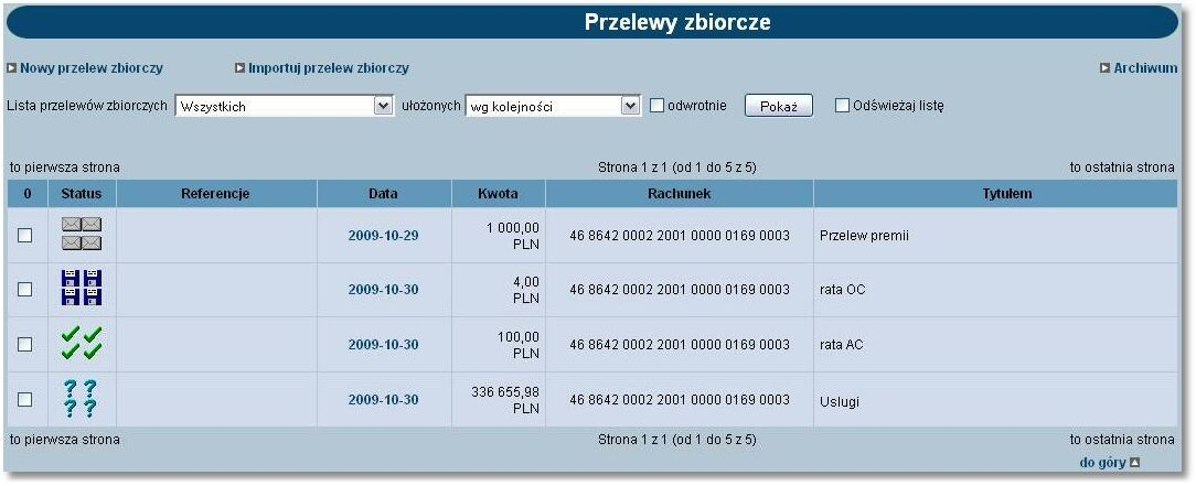 Rozdział 12 Przelewy zbiorcze Referencje - referencje własne Klienta, Data - data ostatnich zmian w treści przelewu zbiorczego, Kwota - wartość kwoty przelewu zbiorczego, Rachunek - numer rachunku