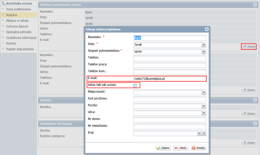 UONET+. Gromadzenie danych uczniów 10/13 Gromadzenie informacji o opiekunach prawnych dziecka Przejdź na kartę Rodzina kartoteki i wprowadź lub zmodyfikuj dane w poszczególnych sekcjach.