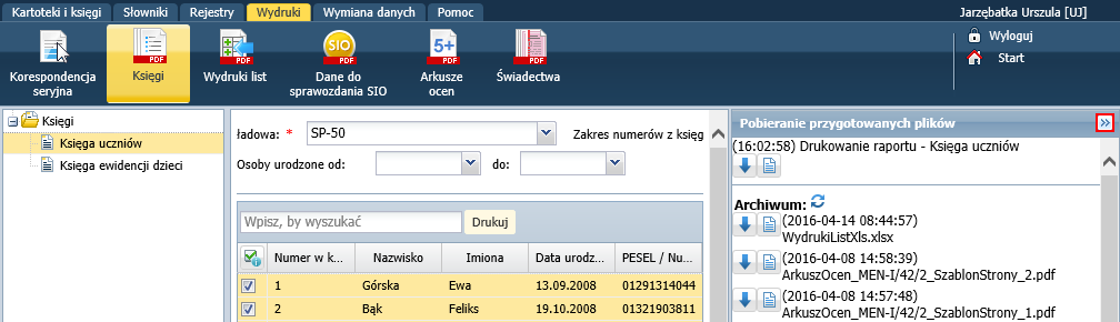 UONET+. Gromadzenie danych uczniów 2/13 Strona modułu składa się ze wstążki [1], panelu roboczego [2] oraz panelu Pobieranie przygotowanych plików [3].