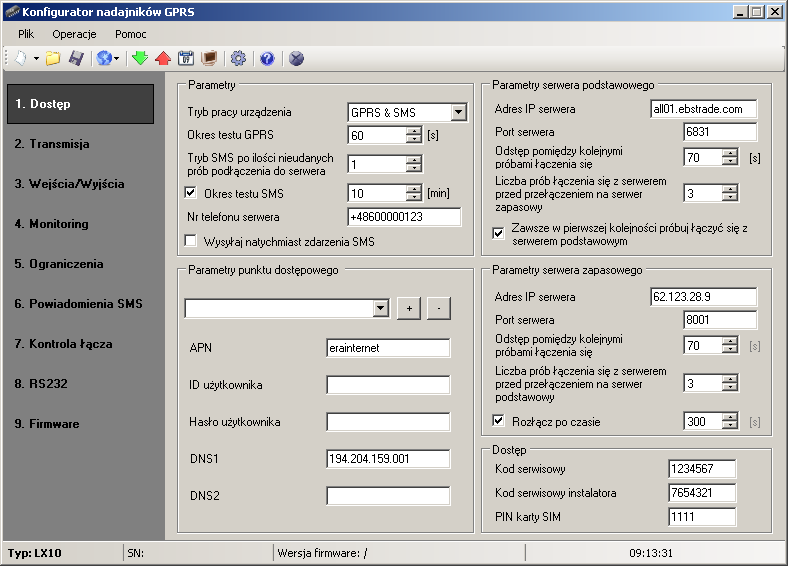 7 PARAMETRY PROGRAMOWALNE Parametry dostępne w programie konfiguracyjnym zostały podzielone na grupy: Dostęp, Transmisja, Wejścia/Wyjścia, Monitoring, Ograniczenia, Powiadomienia SMS, Kontrola łącza,