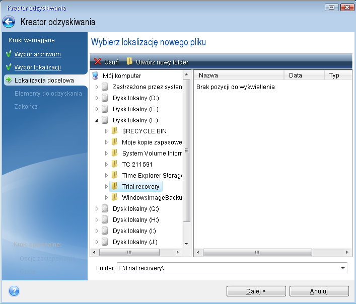 2. W kroku Lokalizacja archiwum wybierz kopię zapasową i kliknij Dalej. 3.