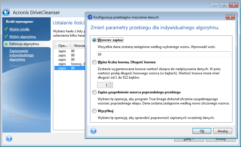 Aby dodać nowy przebieg: 1. Kliknij Dodaj. Otworzy się okno Konfiguracja przebiegów niszczenia danych. 2.