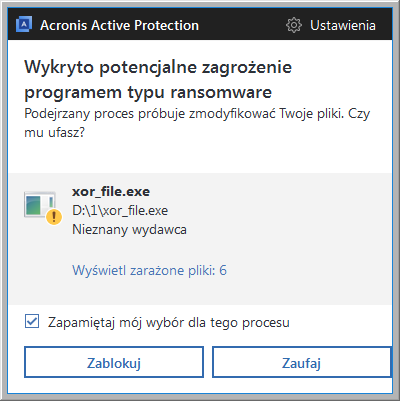 11.6.4.1 Ochrona danych przed oprogramowaniem typu ransomware Po włączeniu usługa Acronis Active Protection monitoruje procesy uruchomione na komputerze z użyciem trybu czasu rzeczywistego.