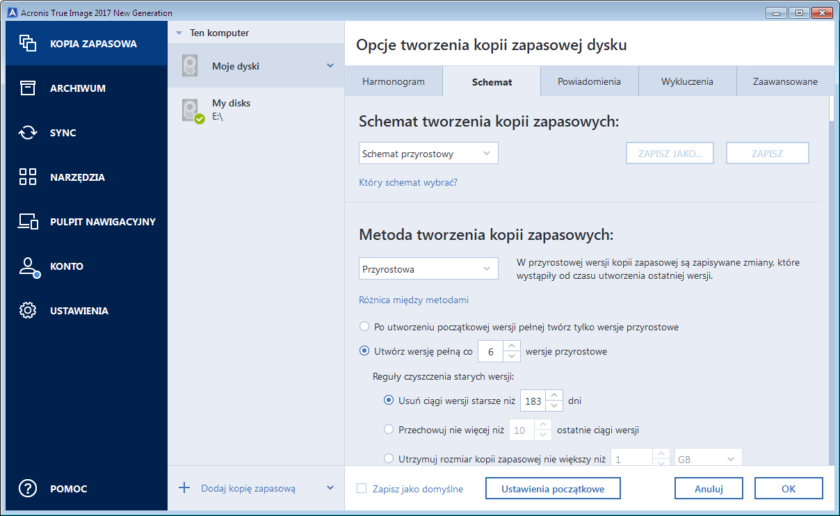 Reguły czyszczenia wersji Program Acronis True Image 2017 New Generation umożliwia wybranie jednego z następujących schematów tworzenia kopii zapasowych: Jedna wersja (s.