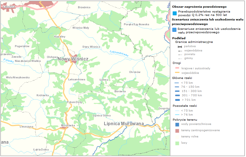 Biorąc pod uwagę zagrożenie powodziowe, teren Gminy Nowy Wiśnicz usytuowany jest korzystnie. Na obszarze gminy nie występują tereny zagrożone wystąpieniem powodzi (mapa 12).