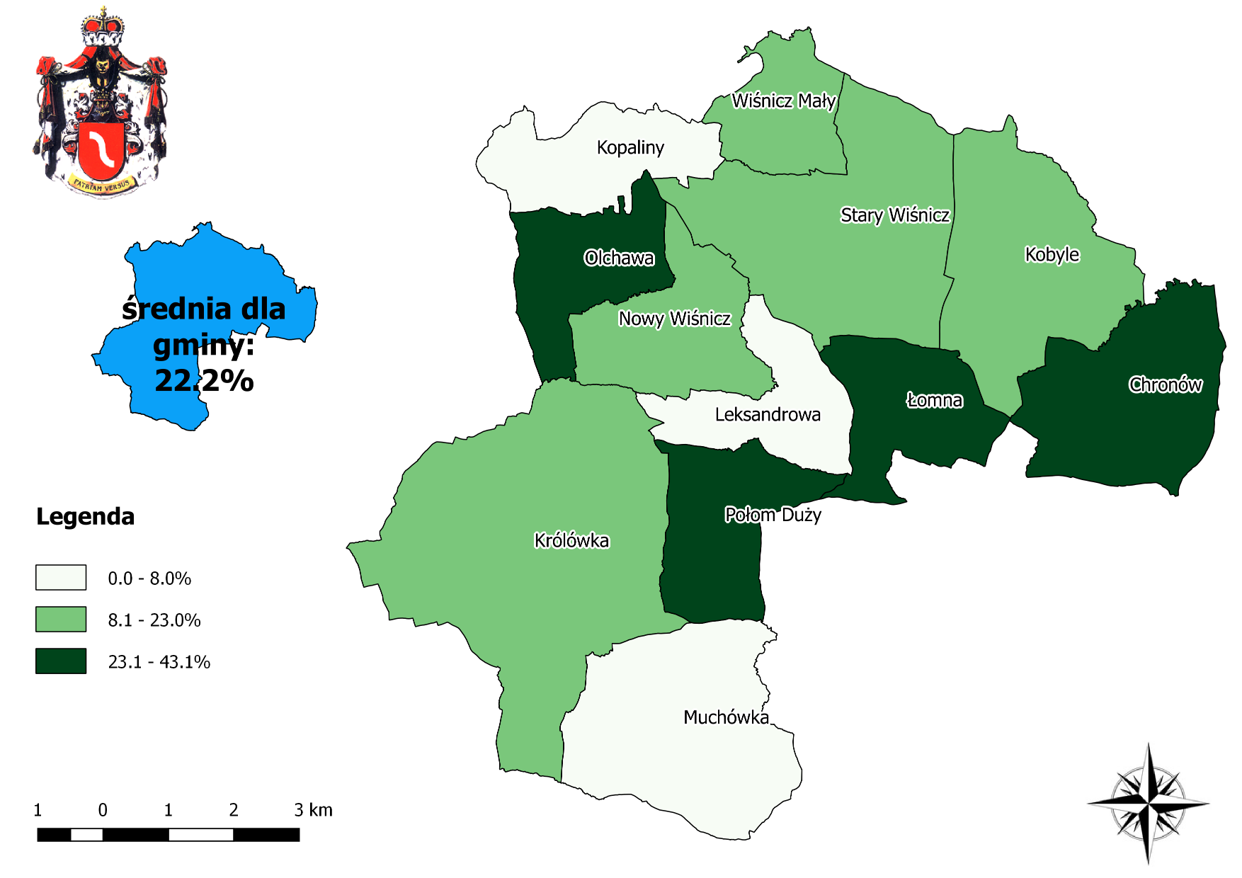 Mapa 24 Rozkład wartości wskaźnika udział długości dróg nieasfaltowych w ogólnej długości dróg w poszczególnych jednostkach