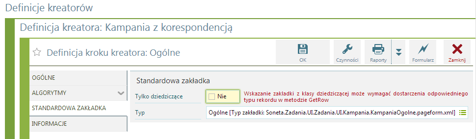 Krok kreatora - zakładka Ogólne Lp. Numer w sekwencji kroków kreatora. Pozwala określić kolejność kroków. Definicja pole tylko do odczytu zawiera nazwę definicji kreatora.