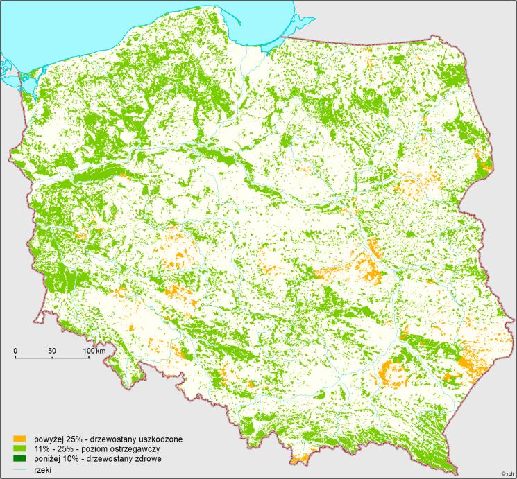 % drzew 100 90 80 70 60 50 40 30 20 10 0 klasy 2-4 klasa 1 klasa 0 Rys. 7. Udział drzew monitorowanych gatunków łącznie w klasach defoliacji w układzie krain przyrodniczo-leśnych w 2015 r.