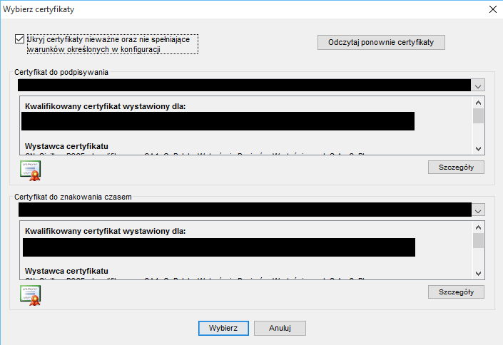 9 Rys. 9: Monit bezpieczeństwa podpisu cyfrowego Następnie pojawi się okno z wyborem certyfikatu, który ma dokonać podpisu, który zatwierdza się za pomocą przycisku Wybierz : Rys.