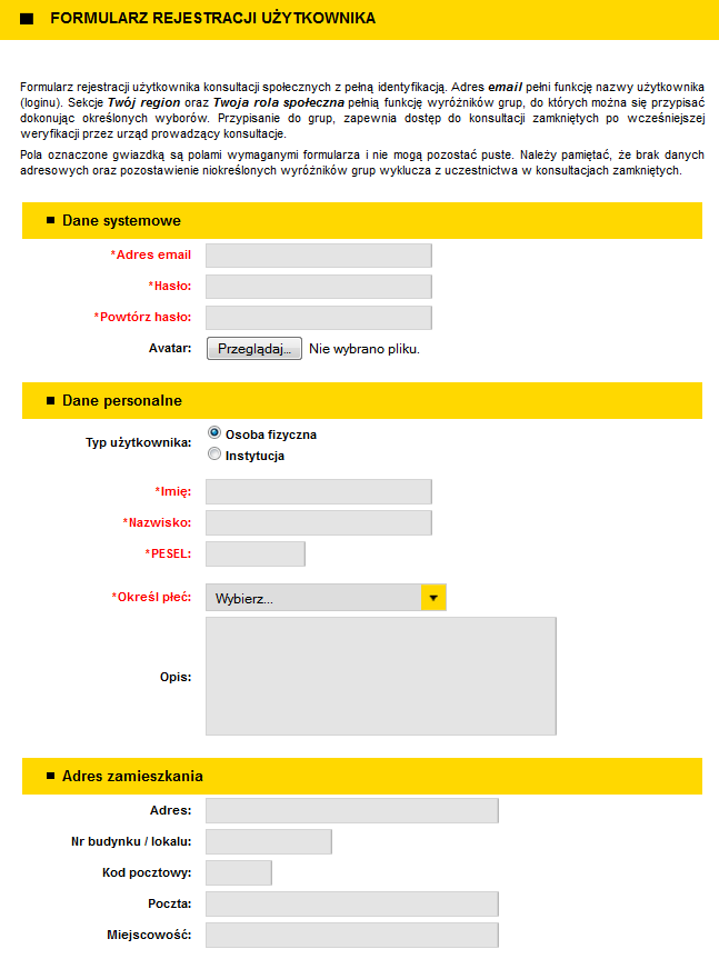 Rysunek 6. Formularz rejestracyjny Formularz rejestracyjny podzielony jest na pięć części.