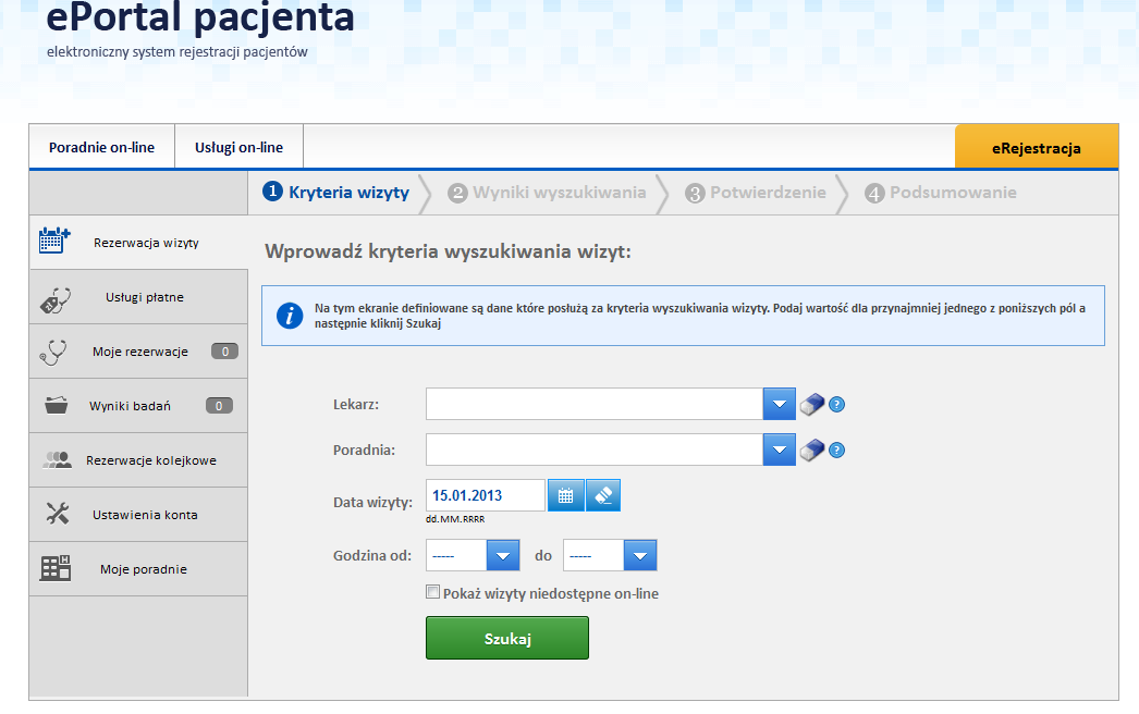 4. Przyciski ekranu Rysunek 16 Menu główne aplikacji eportal Po zalogowaniu, użytkownik ma do dyspozycji funkcje, włączane odpowiednimi przyciskami: Rezerwacja wizyty - umożliwia zarezerwowanie