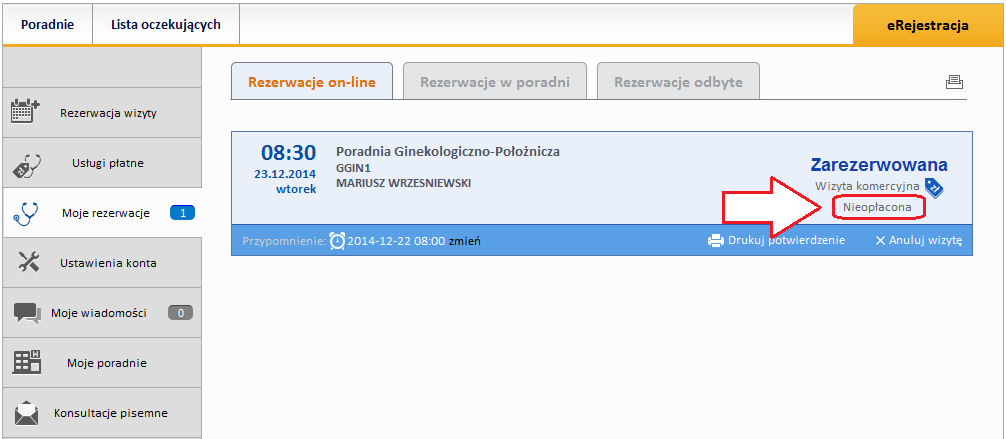 Rysunek 32 Status wizyty- przykład "nieopłacona" 7.