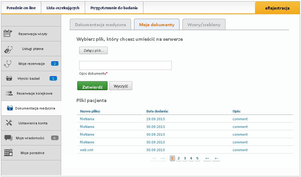 10.1.1. Wysyłanie plików na serwer i przeglądanie załączonej dokumentacji medycznej Użytkownik ma możliwość załączania swojej dokumentacji medycznej w formie plików, może także pobrać z serwera
