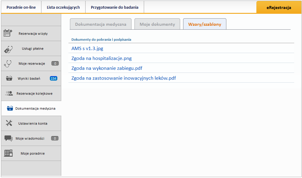 Rysunek 46 Dokumentacja medyczna- Wzory/szablony 10.3. Udostępnianie danych Użytkownik aplikacji e-portal pacjenta ma możliwość udostępniania swoich danych medycznych osobom trzecim- np.