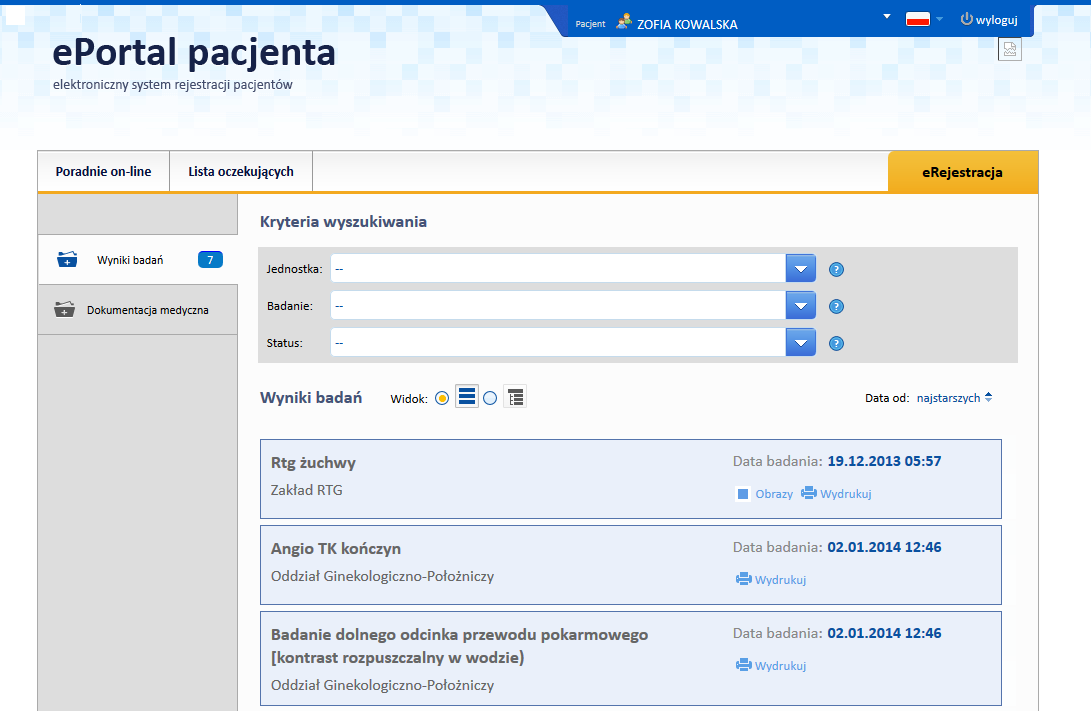 W ekranie Wyniki badań widoczne będą wszystkie badania pacjenta.