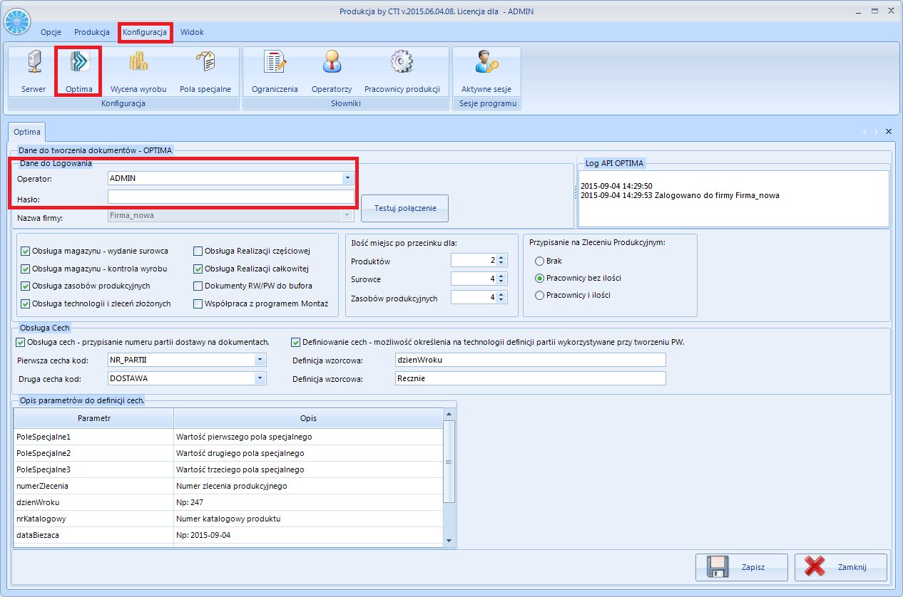 Aby uzyskać połączenie z programem Comarch ERP Optima, w górnym menu należy wybrać zakładkę Konfiguracja, a następnie kliknąć ikonę Optima: W części Dane do logowania (na powyższym zrzucie zaznaczone