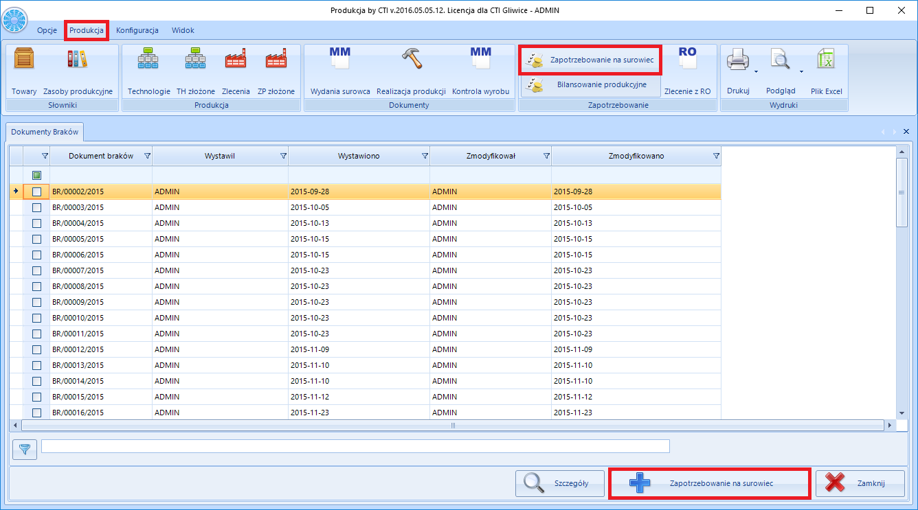8.11. Zapotrzebowanie produkcyjne Produkcja by CTI daje możliwość wygenerowania dokumentu zlecenia na braki. Program automatycznie generuje listę surowców bądź wyrobów których aktualnie brakuje.