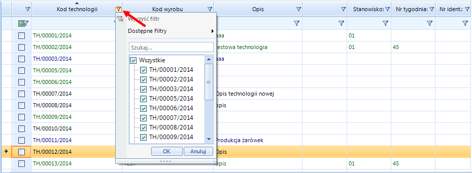 Klikając na symbol filtra można określić jak dana fraza ma wpływać na wyszukiwanie.