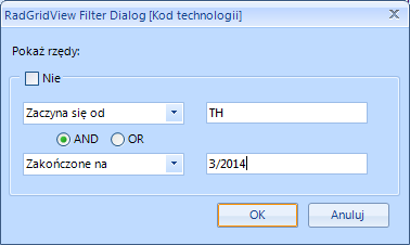 Po kliknięciu w wybrany filtr wyświetli się okienko: Należy wybrać z listy rozwijanej filtr, a następnie wpisać szukaną wartość w polu tekstowym.