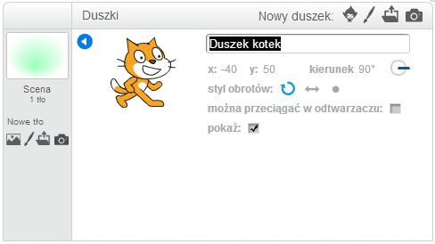 Środowisko Scratch 2.0 działające w przeglądarce. Panel duszków. W panelu duszków są informacje na temat wszystkich umieszczonych w projekcie duszków. Można tu utworzyć nowego duszka.