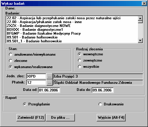 Opis poszczególnych funkcji Nr świadczenia - nr świadczenia Kod świadczenia - kod świadczenia jednostki Opłata/ Dopłata Przyciski poleceń: Wyniki przegląd wyników z wykonanego zlecenia.