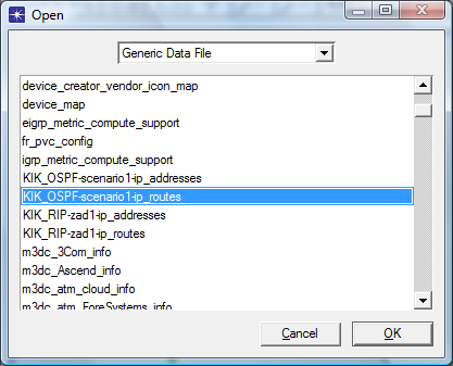 W naszym przypadku w pliki KIK_OSPF-zad1-ip_addresses znajdują się adresy przypisane poszczególnym interfejsom, natomiast w pliku KIK_OSPF-zad1-ip_routes uzyskane tablice routingu.