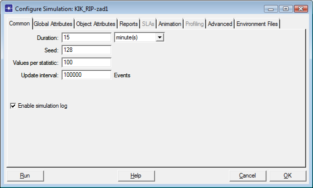 Ostatnie ustawienia i uruchomienie symulacji dokonujemy wybierając z menu Simulation opcję Configure Discrete Event Simulation. Pojawi się okienko, w którym ustawiamy czas symulacji np.