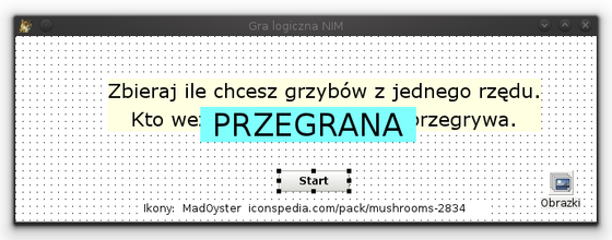 Widok okna projektu Na formularzu należy umieścić tekst (TLabel), który będzie pojawiał się po uprzednim odpowiednim ustawieniu w przypadku wygranej lub przegranej gracza.