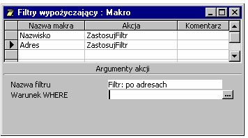 Makrodefinicje 55 Rys. 6.5 Filtr: po adresach Tak utworzony filtr będzie zastosowany w formularzu Wszyscy wypożyczający.