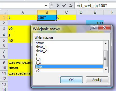 Rysunek 14. Tworzenie formuły z użyciem okna Wstawianie nazwy 15. W komórce B9 obliczymy czas wznoszenia ciała rzuconego w górę wg wzoru (2). Rysunek 15. Formuła w komórce B9 16.