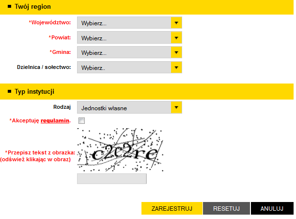 Rysunek 7. Formularz rejestracyjny W sekcji Twój region uściślamy nasz region podając kolejno Województwa, Powiat, Gminę i nawet Dzielnicę/Sołectwo.