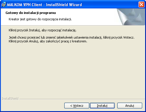 Widok okna rozpoczynającego właściwą instalację aplikacji.