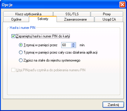 Opcje zapamiętywania haseł i numeru PIN. Domyślnie aplikacja MALKOM VPN Client nie przechowuje żadnych sekretów w swojej konfiguracji.