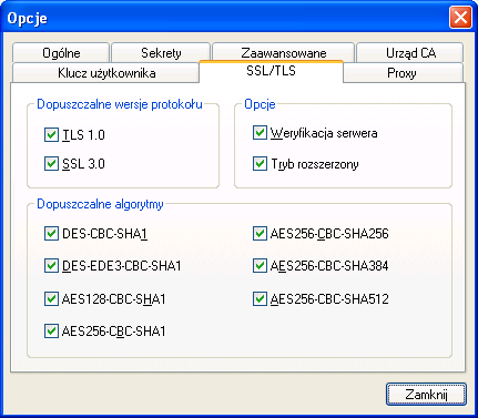 Obsługiwane są następujące wersje protokołu (p. p.4.1): SSL wersja 3.0, TLS wersja 1.0. Obsługiwane są następujące typy algorytmów symetrycznych i funkcji skrótu (p. p.4.2): DES-CBC-SHA1, DES-EDE3-CBC-SHA1, AES128-CBC-SHA1, AES256-CBC-SHA1, AES256-CBC-SHA256, AES256-CBC-SHA384, AES256-CBC-SHA512.