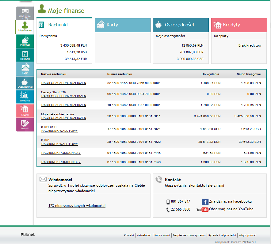 Panel szczegółów, którego zawartość zależy od wybranego przez użytkownika kafelka, Okno Wiadomości, Okno Kontakt (dane kontaktowe Banku). Moduł Moje finanse jest dynamiczny.