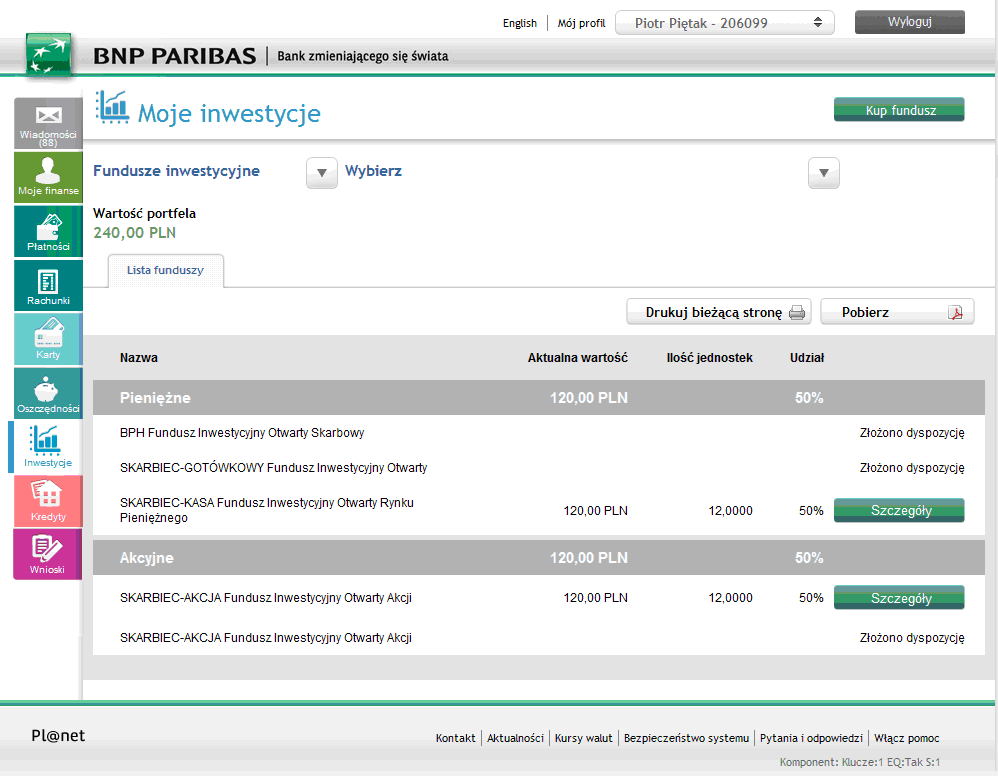 4.6. Inwestycje Wybierając Inwestycje z menu głównego przejdziesz do okna, gdzie wyświetlana jest lista Twoich inwestycji. Aby obejrzeć szczegóły danej inwestycji, wybierz przycisk Szczegóły.