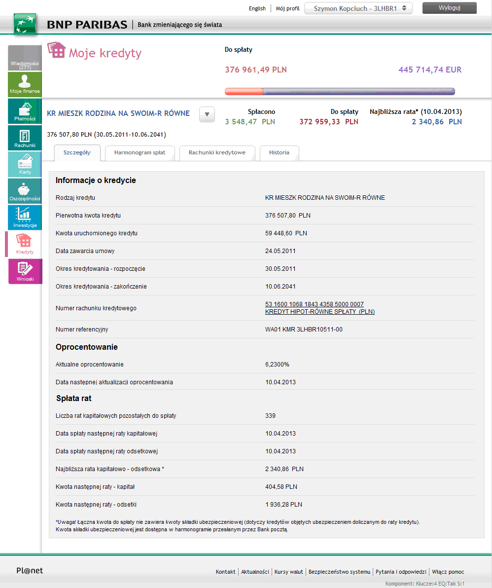 Planet umożliwia weryfikację danych dotyczących zaciągniętych przez Ciebie kredytów po wybraniu opcji Kredyty z menu głównego.