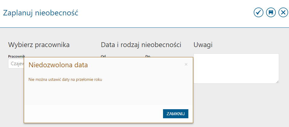 Dodanie nieobecności dla siebie lub podwładnego pracownika możliwe jest na kilka sposobów: Menu Start wybór opcji Zaplanuj urlop lub Urlopy Menu Urlopy wybór podmenu Limity, dodanie urlopu