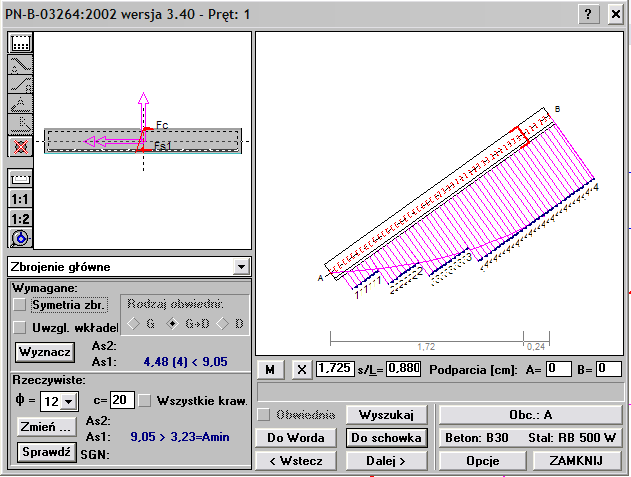 54 Przyjęto: Zbrojenie biegu Zbrojenie płyty dołem: Ø2 co 5 cm (7 Ø2) (odgiąć przy podporach 3Ø2) Rozdzielcze: Ø8 co 25 cm dołem: Ø2 co 5 cm Rozdzielcze: Ø8 co 25 cm górą: Ø2 co 5 cm Rozdzielcze: Ø8