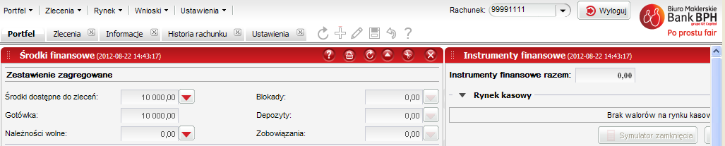 otwarcie okna pomocy, wygenerowanie raportu w formie wydruku bądź dokumentu PDF, odświeżenie pulpitu, ukrycie lub odkrycie okna (po wybraniu pozostaje tylko belka z nazwą), edycję rozmiaru okna,