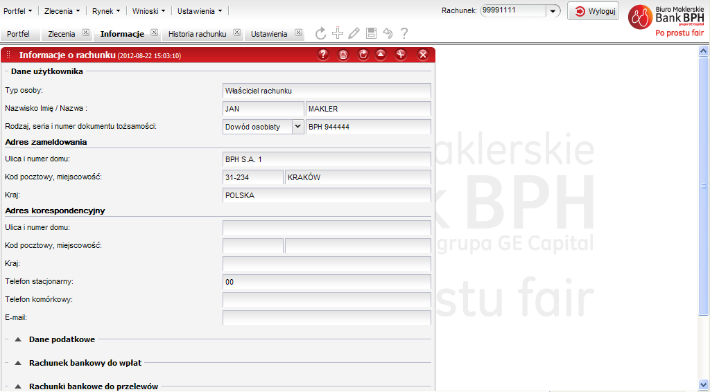 g) W zakładce Ustawienia znajduje się funkcja Informacje o rachunku, w której prezentowane są dane użytkownika rachunku, pełny numer rachunku inwestycyjnego zwany rachunkiem bankowym do wpłat oraz